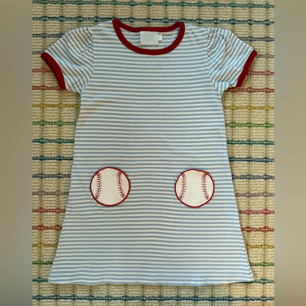 Little English Girls Baseball Appliqué Dress - Red Trim, White & Blue - Size 5